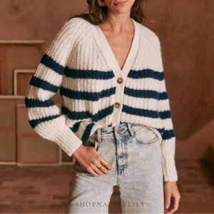Sézane Basile V-Neck Oversized Striped Cardigan Size S Ecru Navy Cozy Minimal